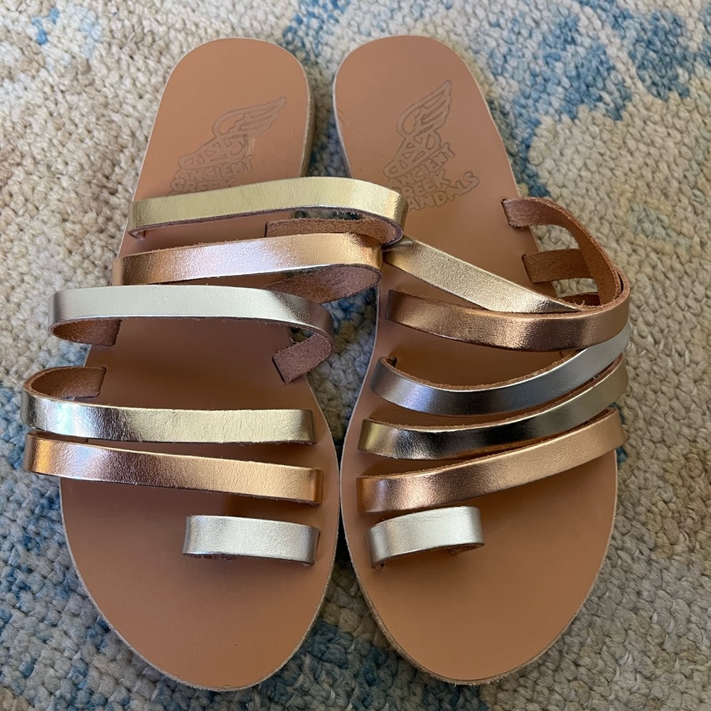 Ancient Greek Sandals size 6 Metallic Silver, Gold, Rose Gold and Tan